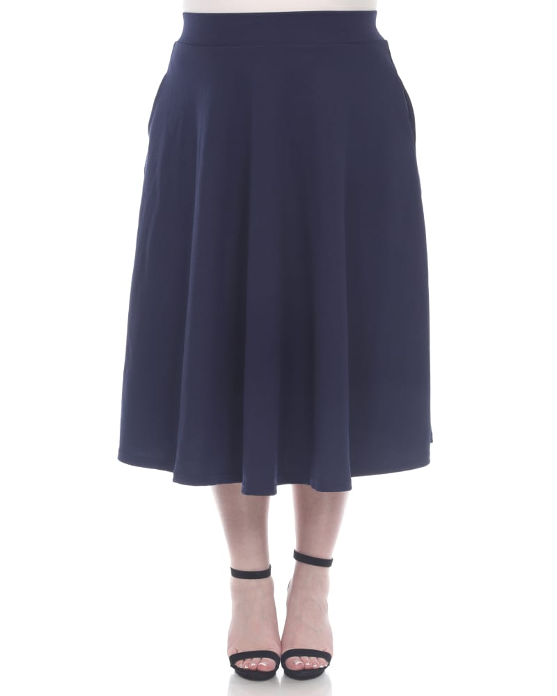 Front of a model wearing a size 2X Tasmin Flare Midi Skirt in Navy by White Mark. | dia_product_style_image_id:249166